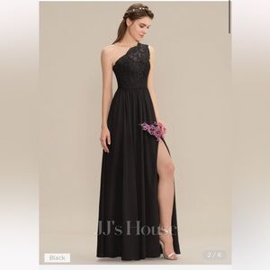 A-line One Shoulder Floor-Length Chiffon Lace Bridesmaid Dress 002